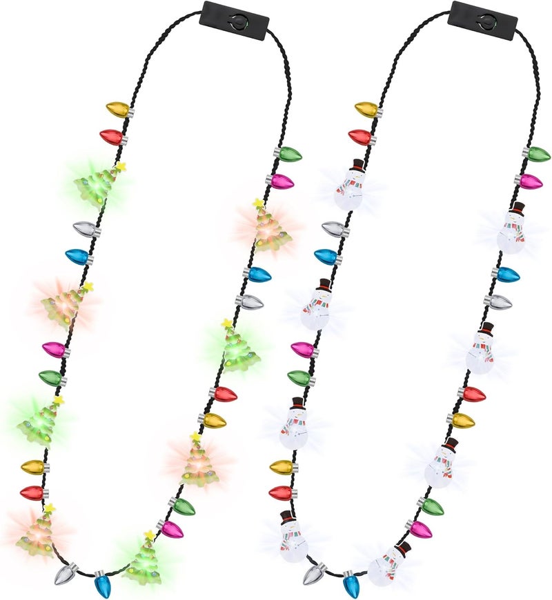 Traplace Store 2PCS Christmas Light Necklace Light up, 3 Modes Christmas Accessories, Multicolor Xmas Tree Snowman Designs, Wearable Festive Light up Decor for Xmas Theme Party Supplies, Ugly Sweater Decorations - Image 1